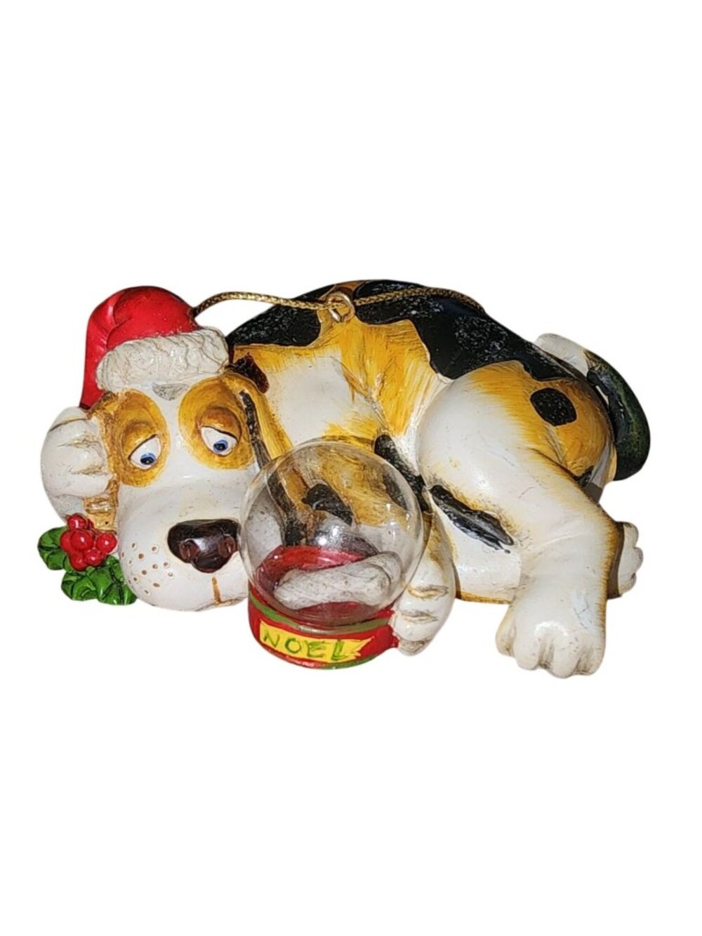 Christmas Tree Ornament Bassett Hound Dog Santa Hat Bone Snowglobe Laying Holida